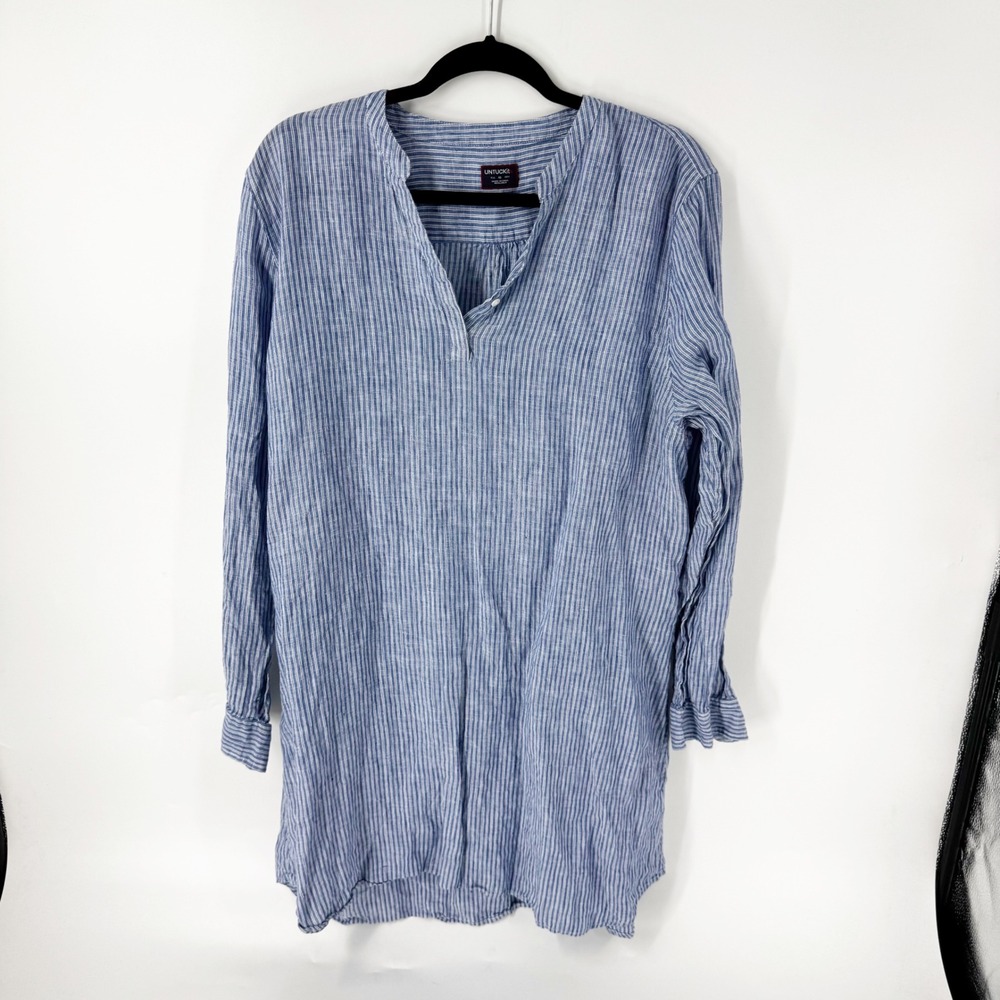 UNTUCKit Constantia Linen Tunic Top‎ Blue White Stripe Split Neck Womens 10
